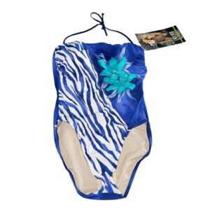 Carol Wior Swimsuit Slimsuit Sz 12 One Piece Tie Halter Blue Floral Tropical